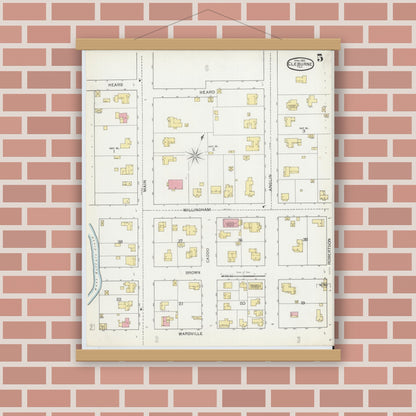 Old map wall art mockup — magnetic wood frame on brick wall — Sanborn Fire Insurance Map from Cleburne, Johnson County, Texas (1893), Sheet #0005
