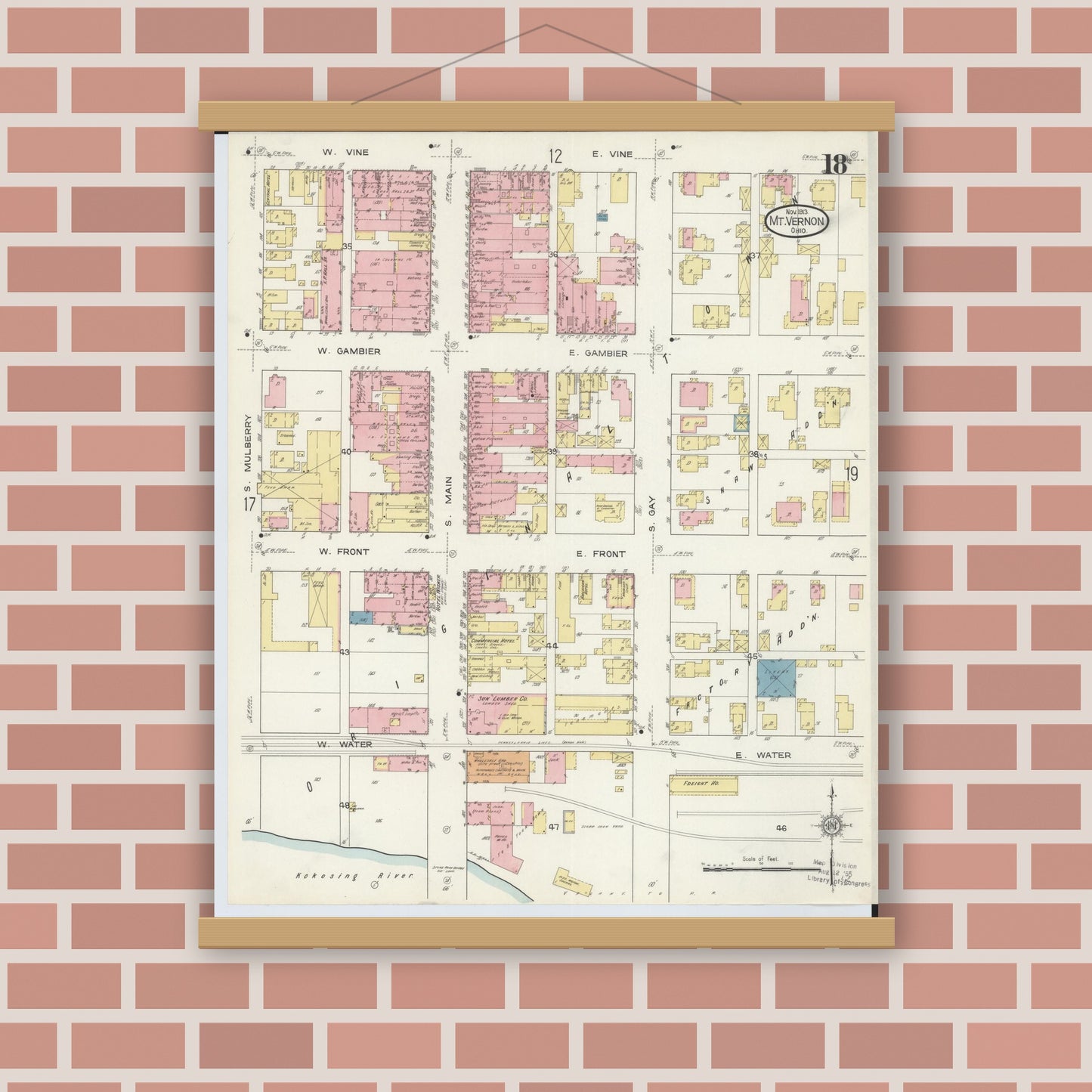 Old map wall art mockup — magnetic wood frame on brick wall — Sanborn Fire Insurance Map from Mount Vernon, Knox County, Ohio (1913), Sheet #0018