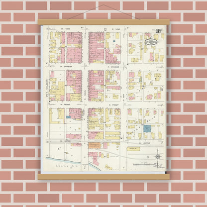 Old map wall art mockup — magnetic wood frame on brick wall — Sanborn Fire Insurance Map from Mount Vernon, Knox County, Ohio (1913), Sheet #0018
