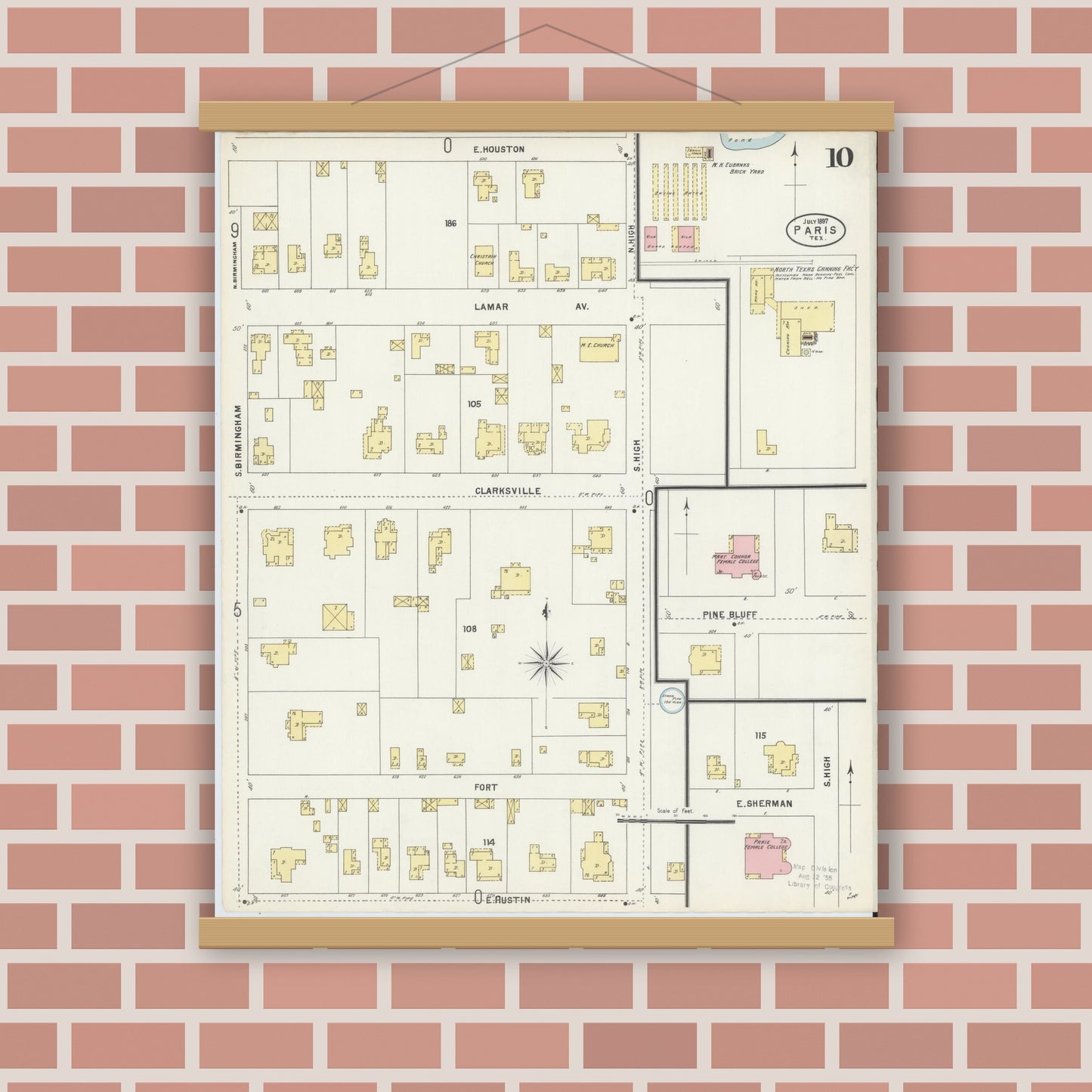 Old map wall art mockup — magnetic wood frame on brick wall — Sanborn Fire Insurance Map from Paris, Lamar County, Texas (1897), Sheet #0010