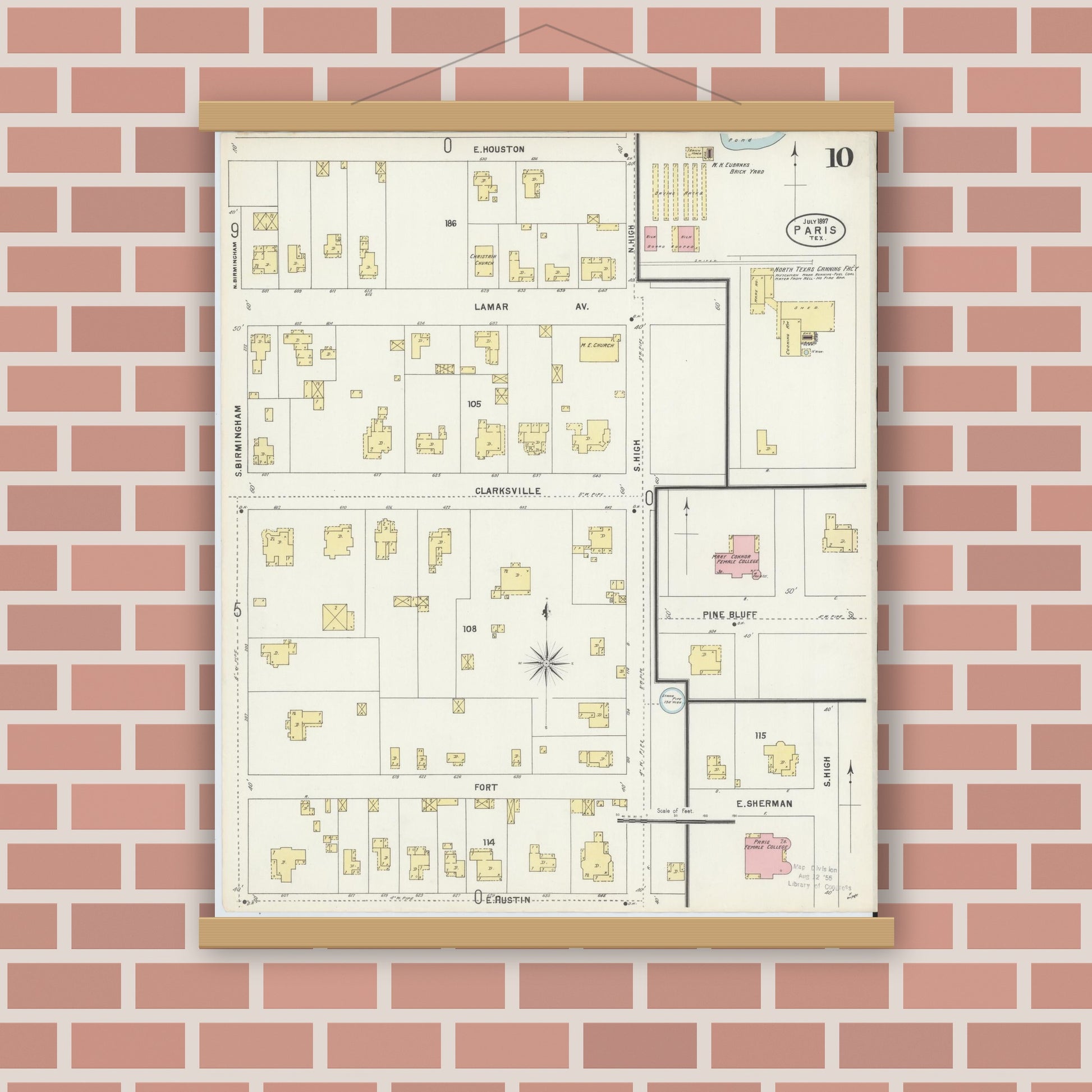 Old map wall art mockup — magnetic wood frame on brick wall — Sanborn Fire Insurance Map from Paris, Lamar County, Texas (1897), Sheet #0010