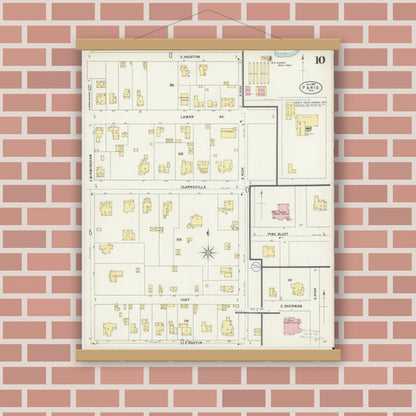 Old map wall art mockup — magnetic wood frame on brick wall — Sanborn Fire Insurance Map from Paris, Lamar County, Texas (1897), Sheet #0010