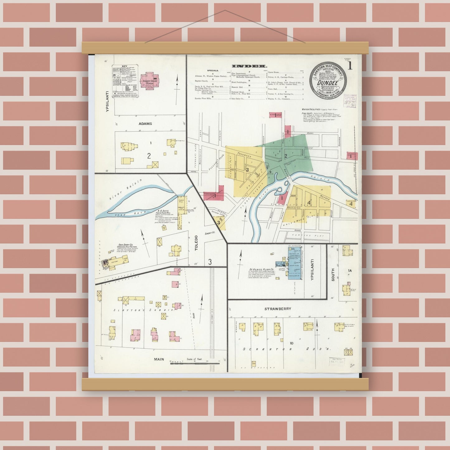 Old map wall art mockup — magnetic wood frame on brick wall — Sanborn Fire Insurance Map from Dundee, Monroe County, Michigan (1908) - Complete Map Set