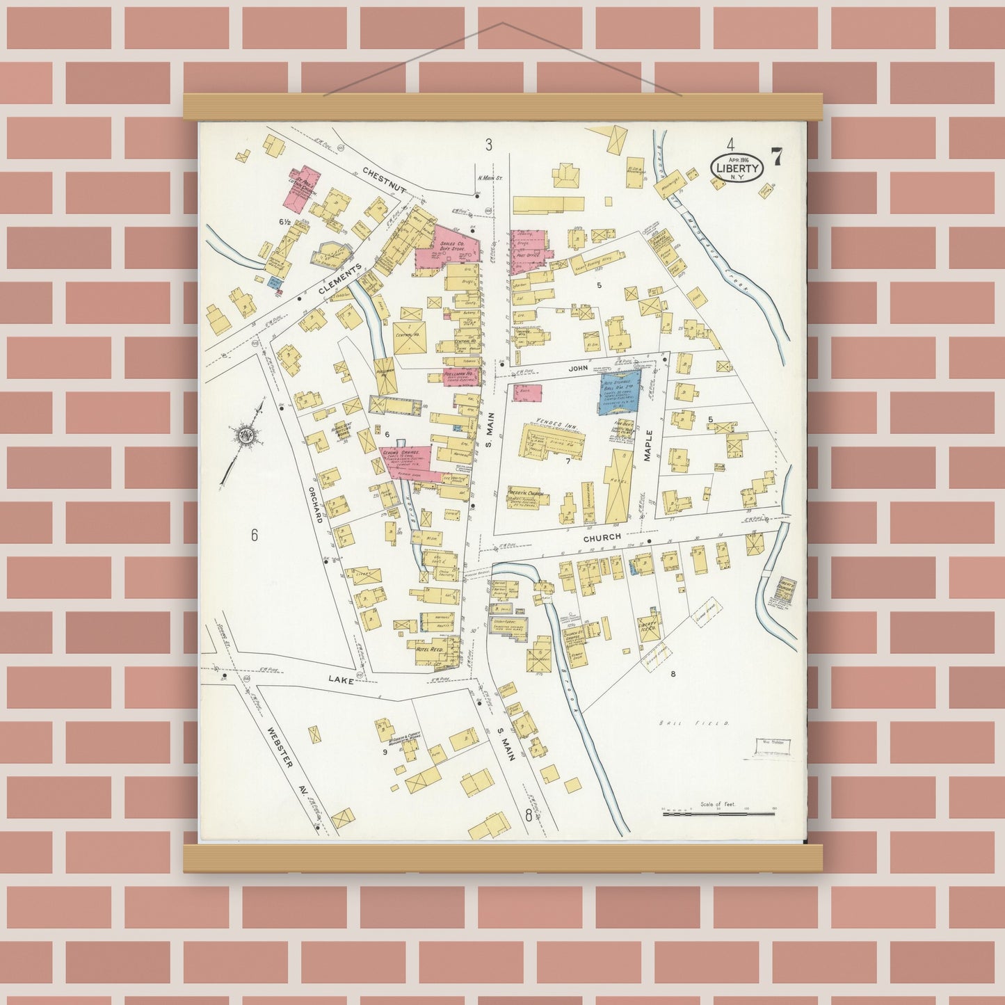 Old map wall art mockup — magnetic wood frame on brick wall — Sanborn Fire Insurance Map from Liberty, Sullivan County, New York (1916), Sheet #0007