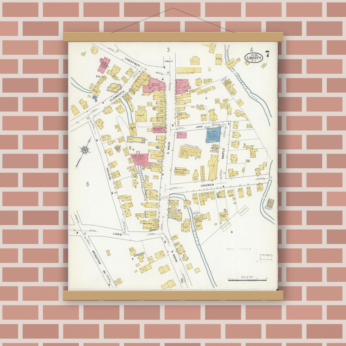 Old map wall art mockup — magnetic wood frame on brick wall — Sanborn Fire Insurance Map from Liberty, Sullivan County, New York (1916), Sheet #0007
