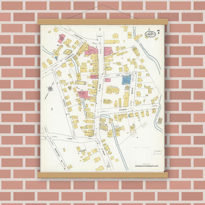 Old map wall art mockup — magnetic wood frame on brick wall — Sanborn Fire Insurance Map from Liberty, Sullivan County, New York (1916), Sheet #0007