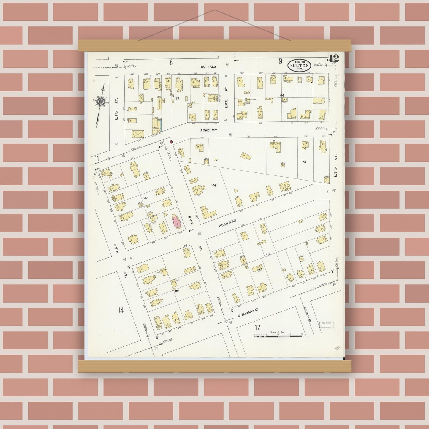 Old map wall art mockup — magnetic wood frame on brick wall — Sanborn Fire Insurance Map from Fulton, Oswego County, New York (1911), Sheet #0012