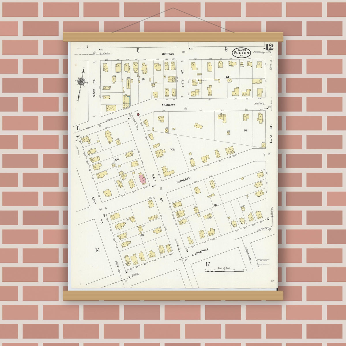 Old map wall art mockup — magnetic wood frame on brick wall — Sanborn Fire Insurance Map from Fulton, Oswego County, New York (1911), Sheet #0012