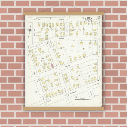 Old map wall art mockup — magnetic wood frame on brick wall — Sanborn Fire Insurance Map from Fulton, Oswego County, New York (1911), Sheet #0012