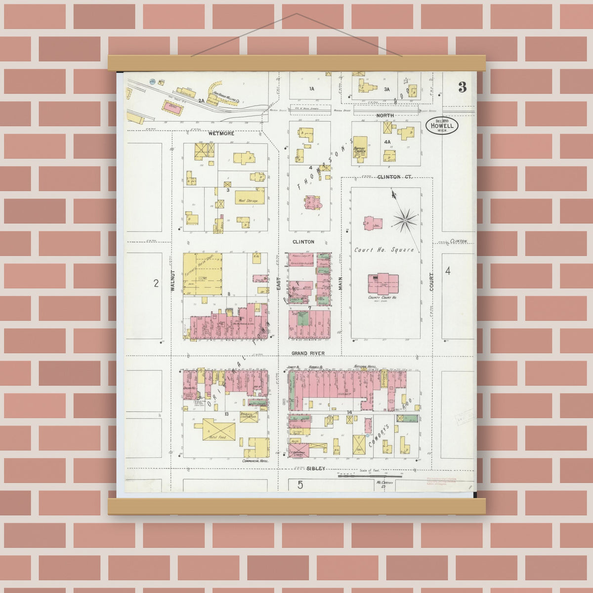 Old map wall art mockup — magnetic wood frame on brick wall — Sanborn Fire Insurance Map from Howell, Livingston County, Michigan (1899), Sheet #0003