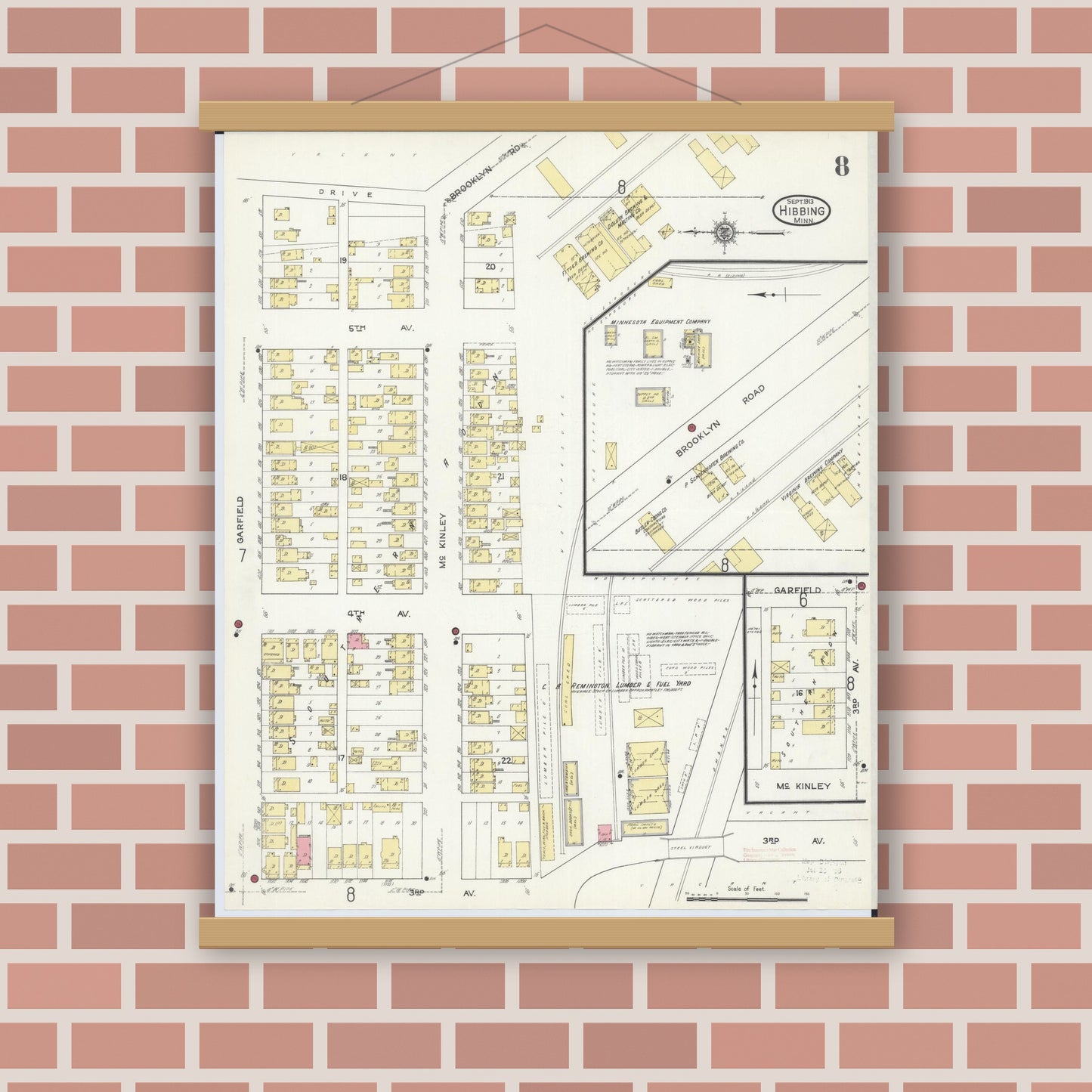 Old map wall art mockup — magnetic wood frame on brick wall — Sanborn Fire Insurance Map from Hibbing, Saint Louis County, Minnesota (1913), Sheet #0008