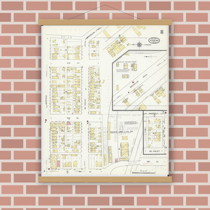 Old map wall art mockup — magnetic wood frame on brick wall — Sanborn Fire Insurance Map from Hibbing, Saint Louis County, Minnesota (1913), Sheet #0008