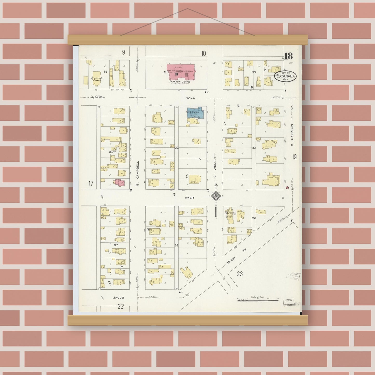 Old map wall art mockup — magnetic wood frame on brick wall — Sanborn Fire Insurance Map from Escanaba, Delta County, Michigan (1913), Sheet #0018