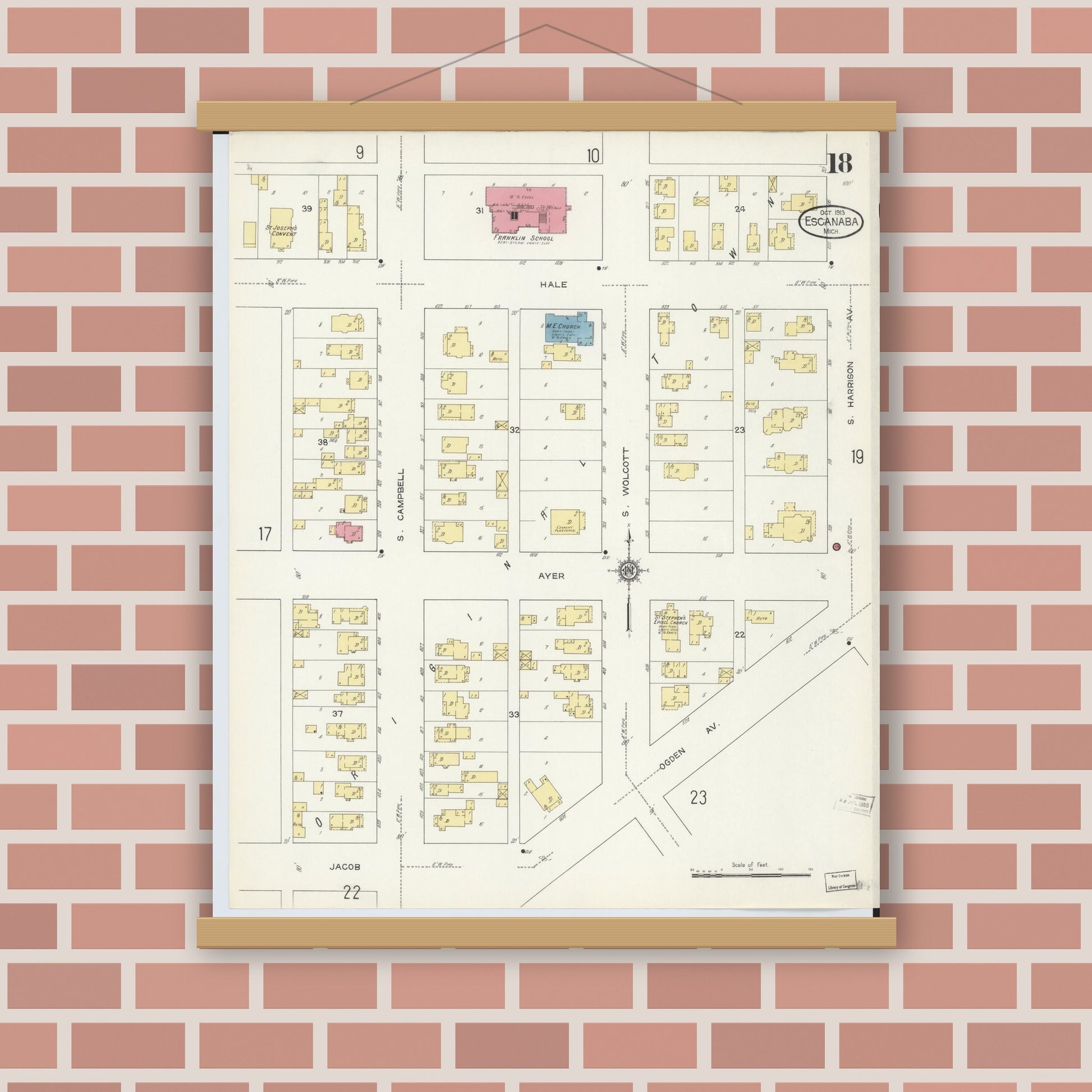 Old map wall art mockup — magnetic wood frame on brick wall — Sanborn Fire Insurance Map from Escanaba, Delta County, Michigan (1913), Sheet #0018