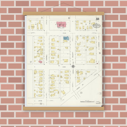 Old map wall art mockup — magnetic wood frame on brick wall — Sanborn Fire Insurance Map from Escanaba, Delta County, Michigan (1913), Sheet #0018