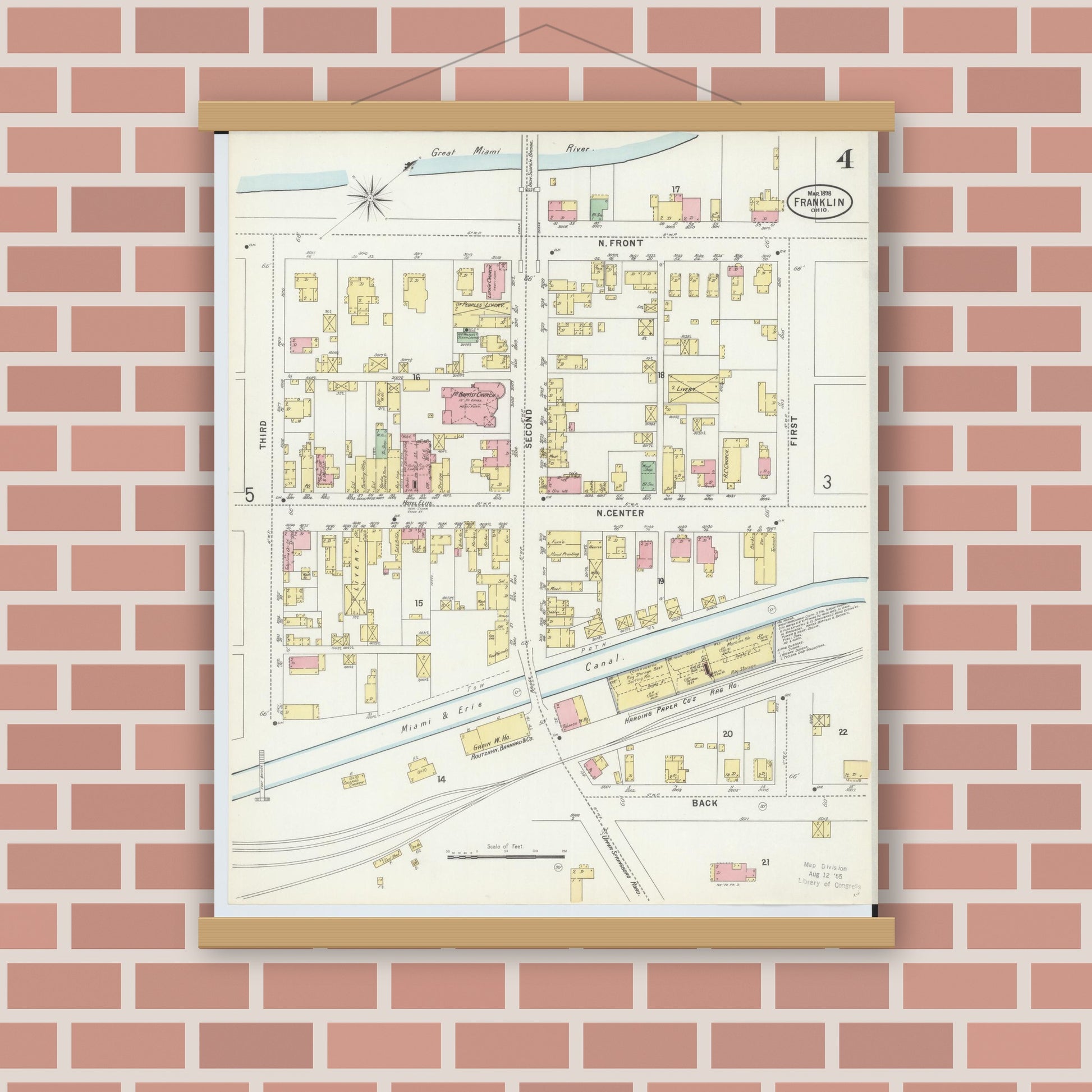 Old map wall art mockup — magnetic wood frame on brick wall — Sanborn Fire Insurance Map from Franklin, Warren County, Ohio (1898), Sheet #0004