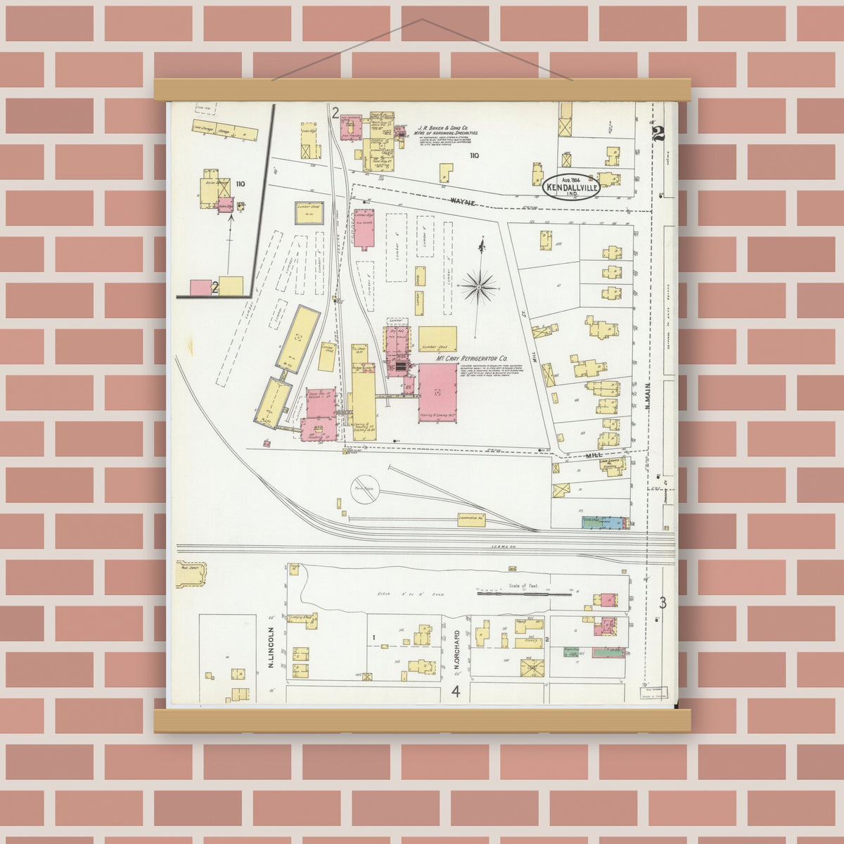 Old map wall art mockup — magnetic wood frame on brick wall — Sanborn Fire Insurance Map from Kendallville, Noble County, Indiana (1904), Sheet #0002