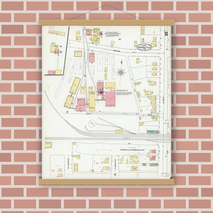 Old map wall art mockup — magnetic wood frame on brick wall — Sanborn Fire Insurance Map from Kendallville, Noble County, Indiana (1904), Sheet #0002