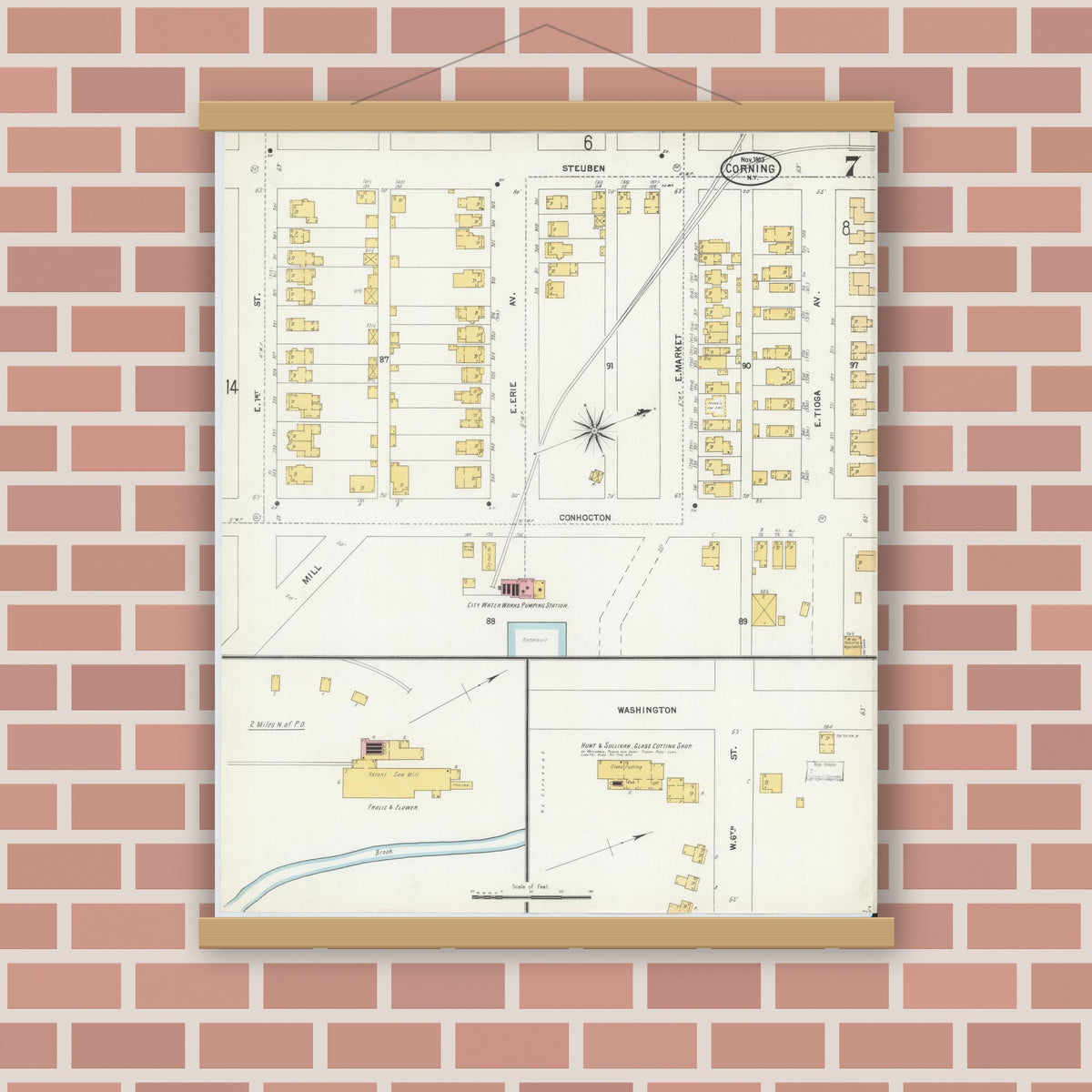 Old map wall art mockup — magnetic wood frame on brick wall — Sanborn Fire Insurance Map from Corning, Steuben County, New York (1903), Sheet #0007