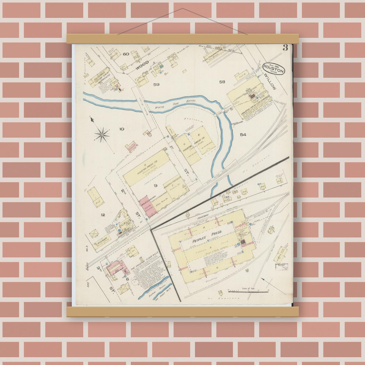 Old map wall art mockup — magnetic wood frame on brick wall — Sanborn Fire Insurance Map from Houston, Harris County, Texas (1885), Sheet #0003
