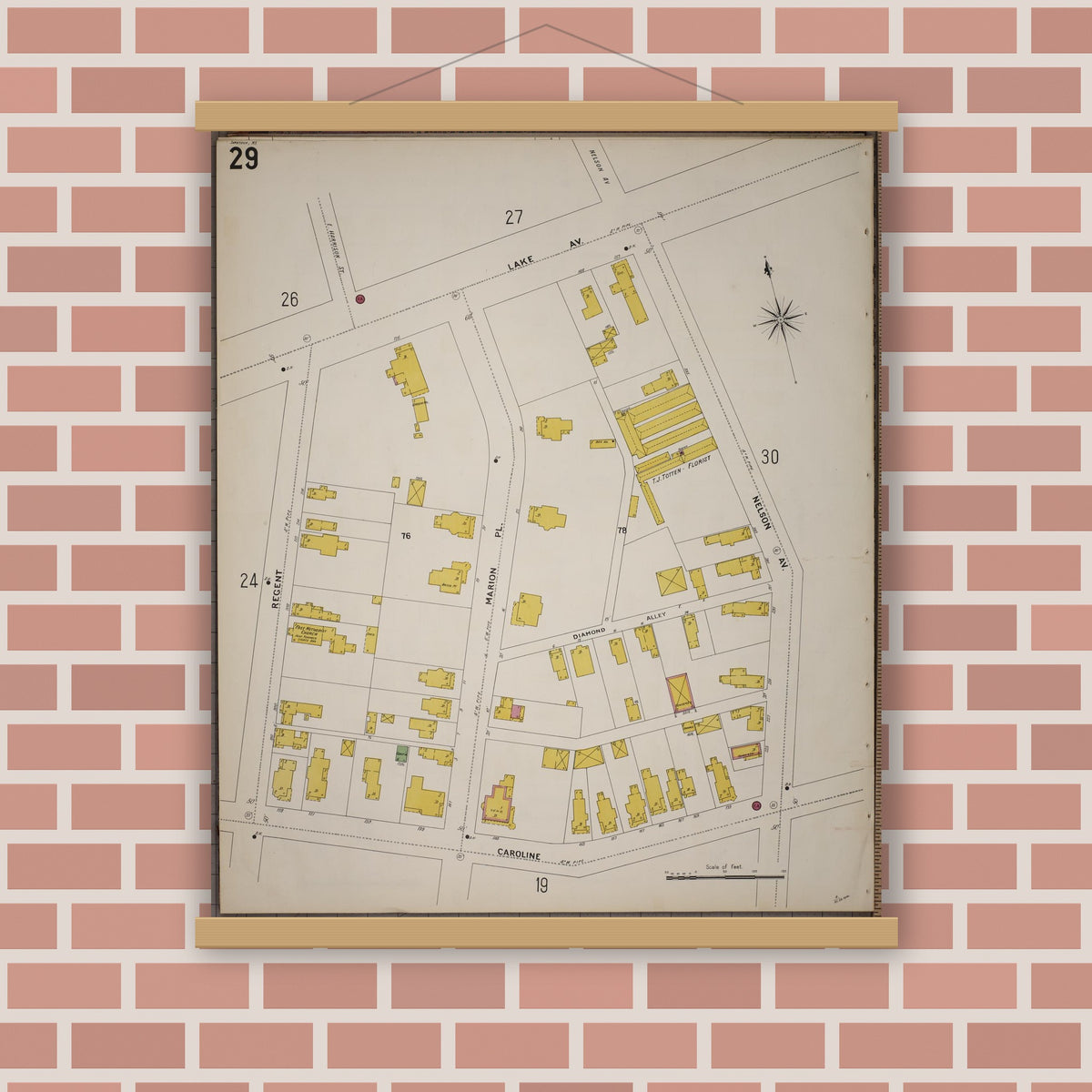 Old map wall art mockup — magnetic wood frame on brick wall — Sanborn Fire Insurance Map from Saratoga, Saratoga County, New York (1900), Sheet #0029