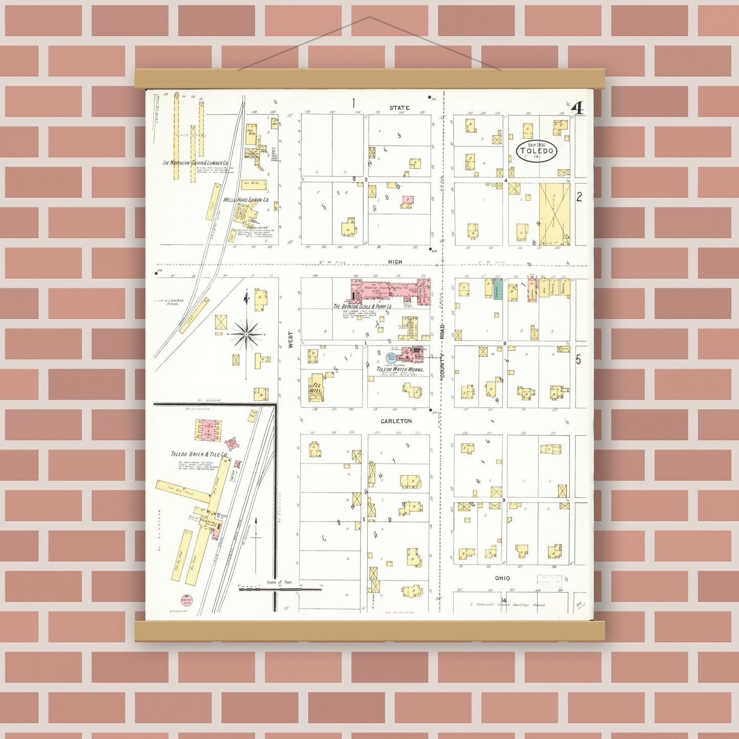 Old map wall art mockup — magnetic wood frame on brick wall — Sanborn Fire Insurance Map from Toledo, Tama County, Iowa (1906), Sheet #0004