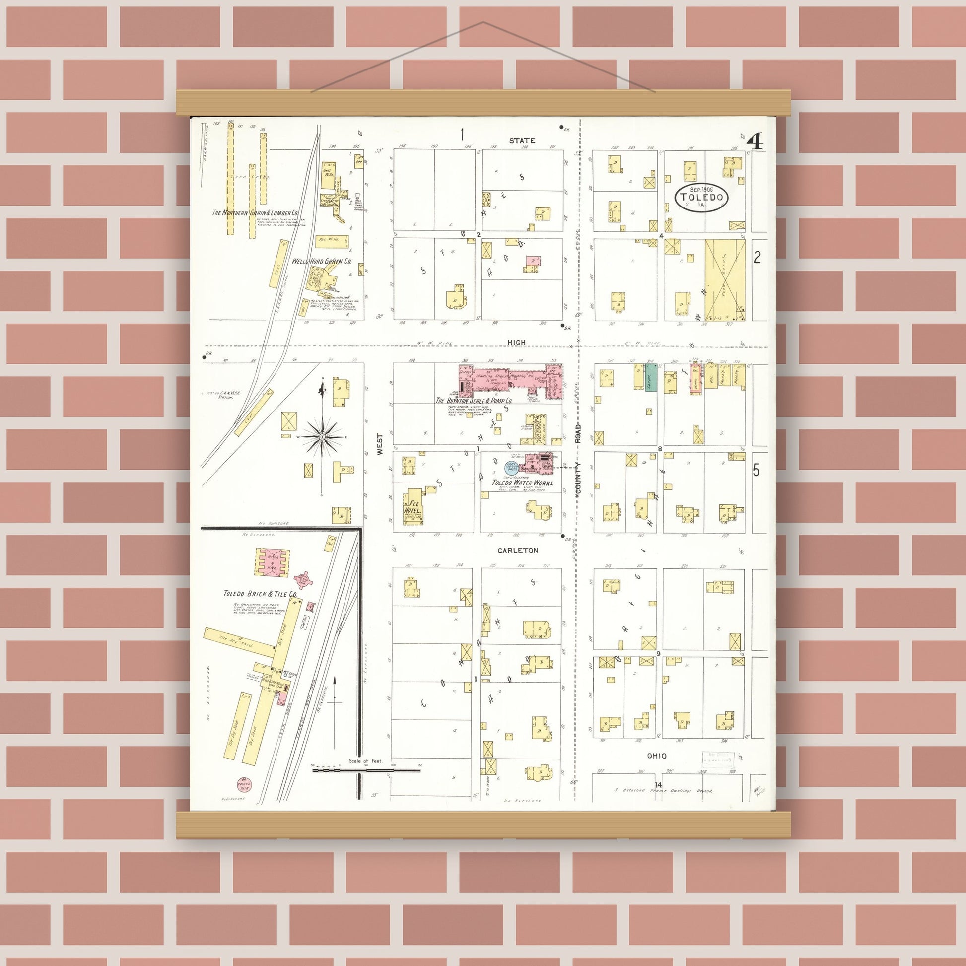 Old map wall art mockup — magnetic wood frame on brick wall — Sanborn Fire Insurance Map from Toledo, Tama County, Iowa (1906), Sheet #0004