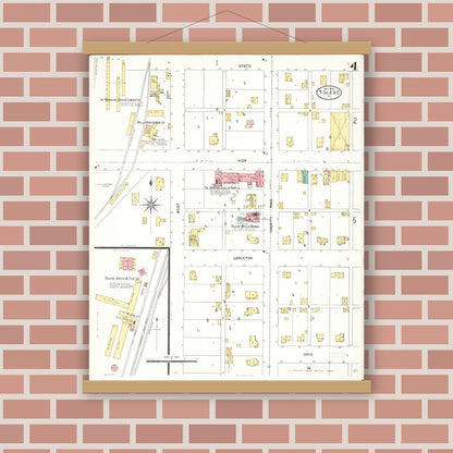 Old map wall art mockup — magnetic wood frame on brick wall — Sanborn Fire Insurance Map from Toledo, Tama County, Iowa (1906), Sheet #0004