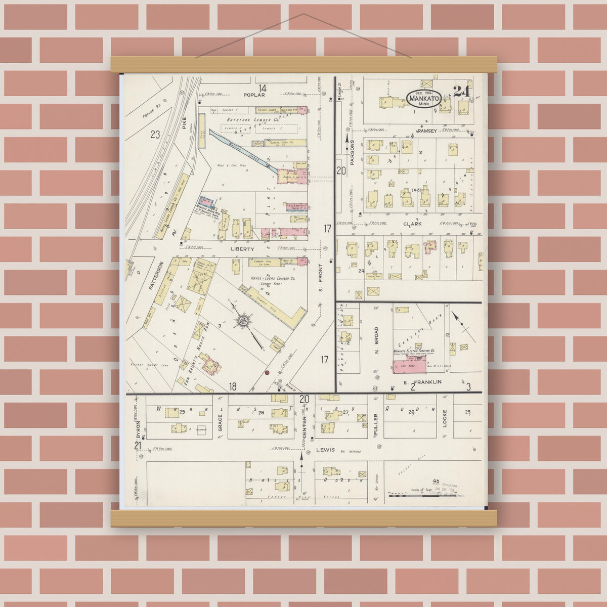 Old map wall art mockup — magnetic wood frame on brick wall — Sanborn Fire Insurance Map from Mankato, Blue Earth County, Minnesota (1914), Sheet #0024