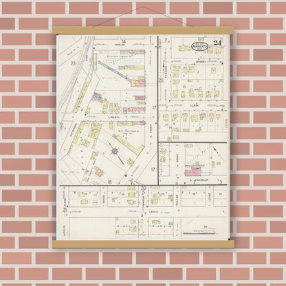 Old map wall art mockup — magnetic wood frame on brick wall — Sanborn Fire Insurance Map from Mankato, Blue Earth County, Minnesota (1914), Sheet #0024
