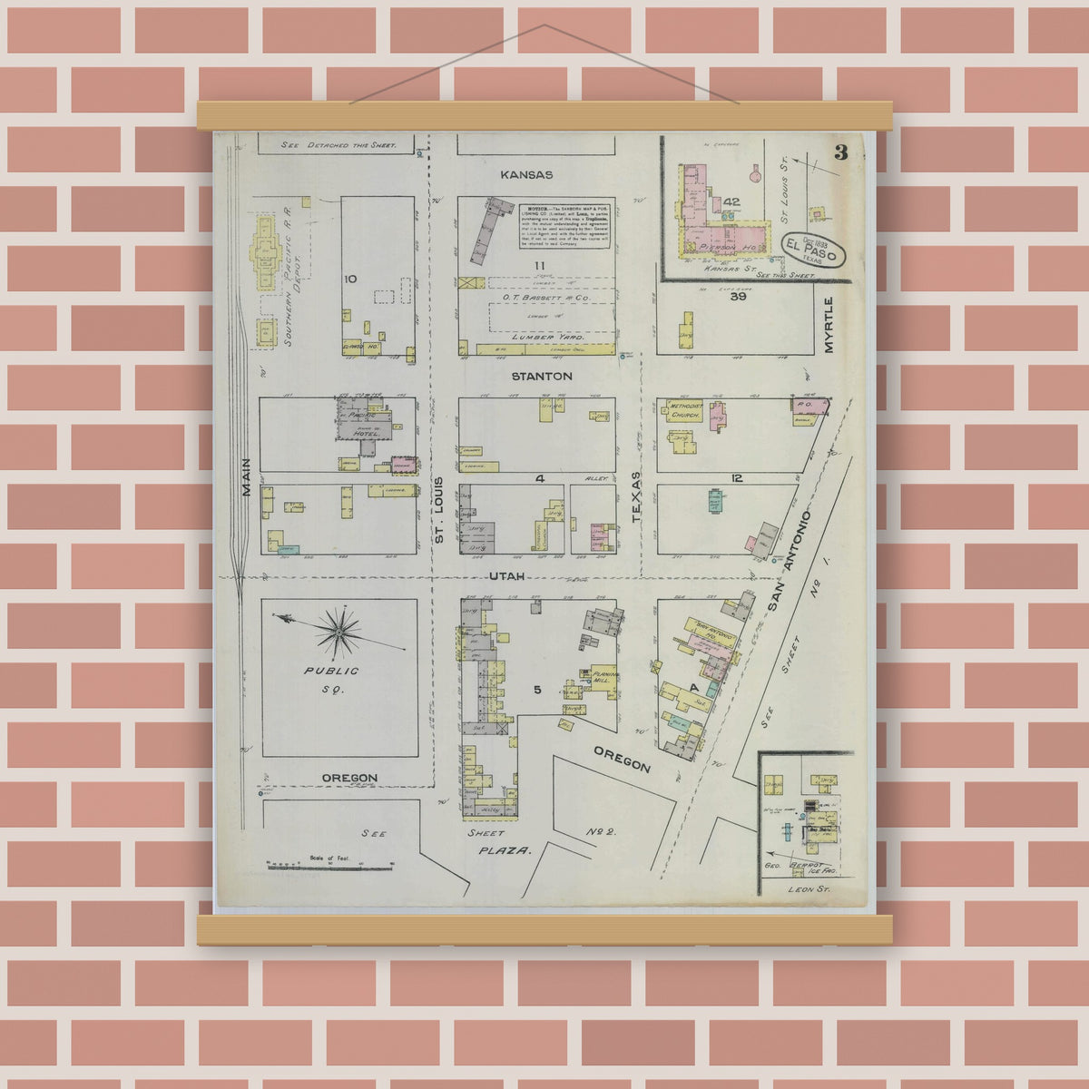 Old map wall art mockup — magnetic wood frame on brick wall — Sanborn Fire Insurance Map from El Paso, El Paso County, Texas (1883), Sheet #0003