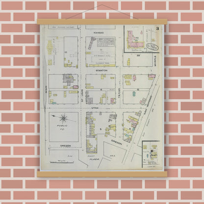 Old map wall art mockup — magnetic wood frame on brick wall — Sanborn Fire Insurance Map from El Paso, El Paso County, Texas (1883), Sheet #0003