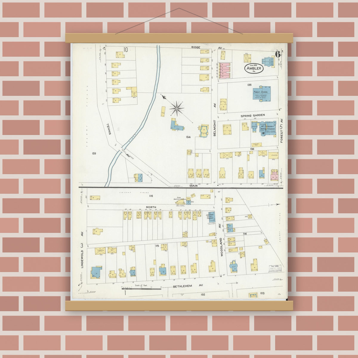 Old map wall art mockup — magnetic wood frame on brick wall — Sanborn Fire Insurance Map from Ambler, Montgomery County, Pennsylvania (1909), Sheet #0006