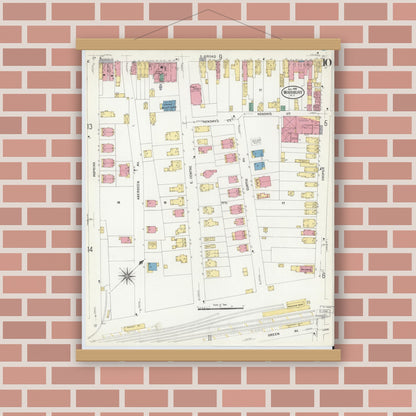 Old map wall art mockup — magnetic wood frame on brick wall — Sanborn Fire Insurance Map from Woodbury, Gloucester County, New Jersey (1908), Sheet #0010