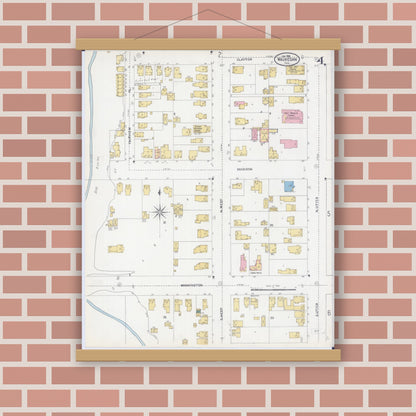Old map wall art mockup — magnetic wood frame on brick wall — Sanborn Fire Insurance Map from Waukegan, Lake County, Illinois (1906), Sheet #0004