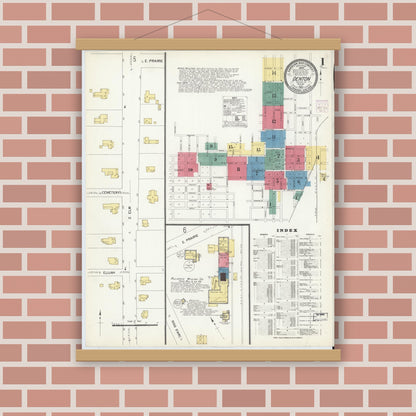 Old map wall art mockup — magnetic wood frame on brick wall — Sanborn Fire Insurance Map from Denton, Denton County, Texas (1907), Sheet #0001