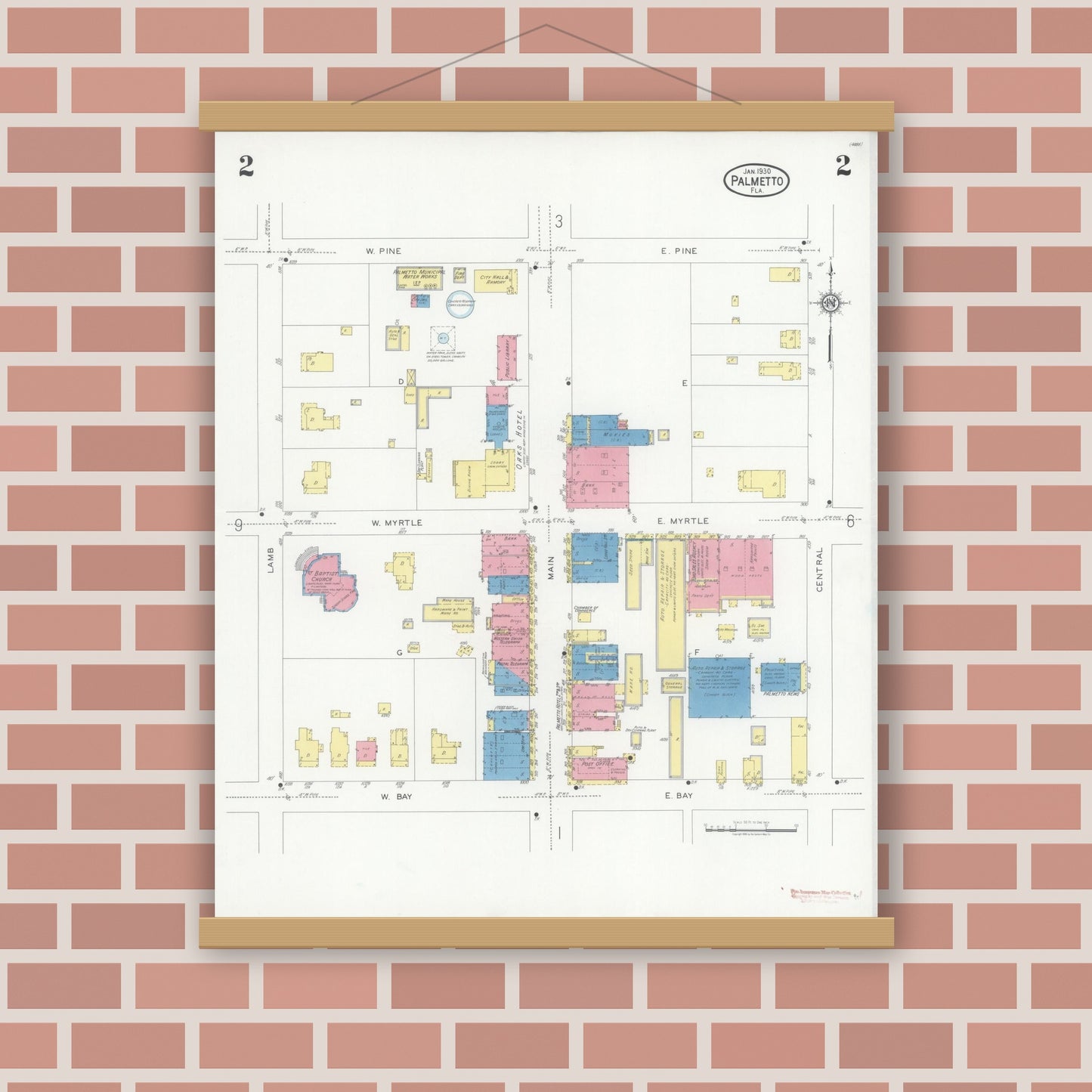 Old map wall art mockup — magnetic wood frame on brick wall — Sanborn Fire Insurance Map from Palmetto, Manatee County, Florida (1930), Sheet #0002