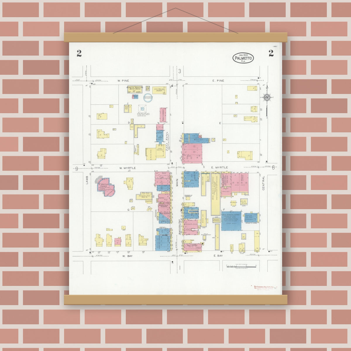 Old map wall art mockup — magnetic wood frame on brick wall — Sanborn Fire Insurance Map from Palmetto, Manatee County, Florida (1930), Sheet #0002