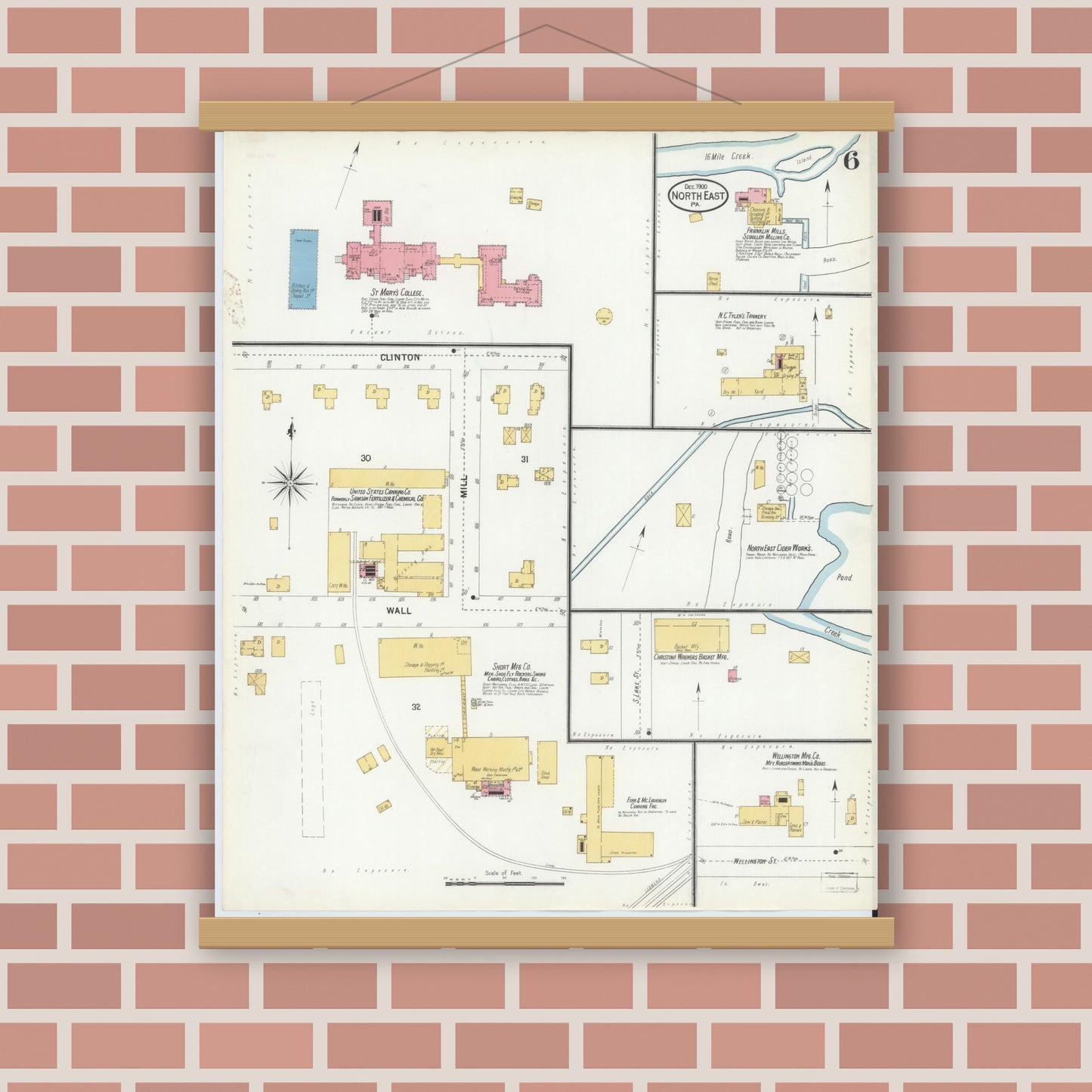 Old map wall art mockup — magnetic wood frame on brick wall — Sanborn Fire Insurance Map from North East, Erie County, Pennsylvania (1900), Sheet #0006