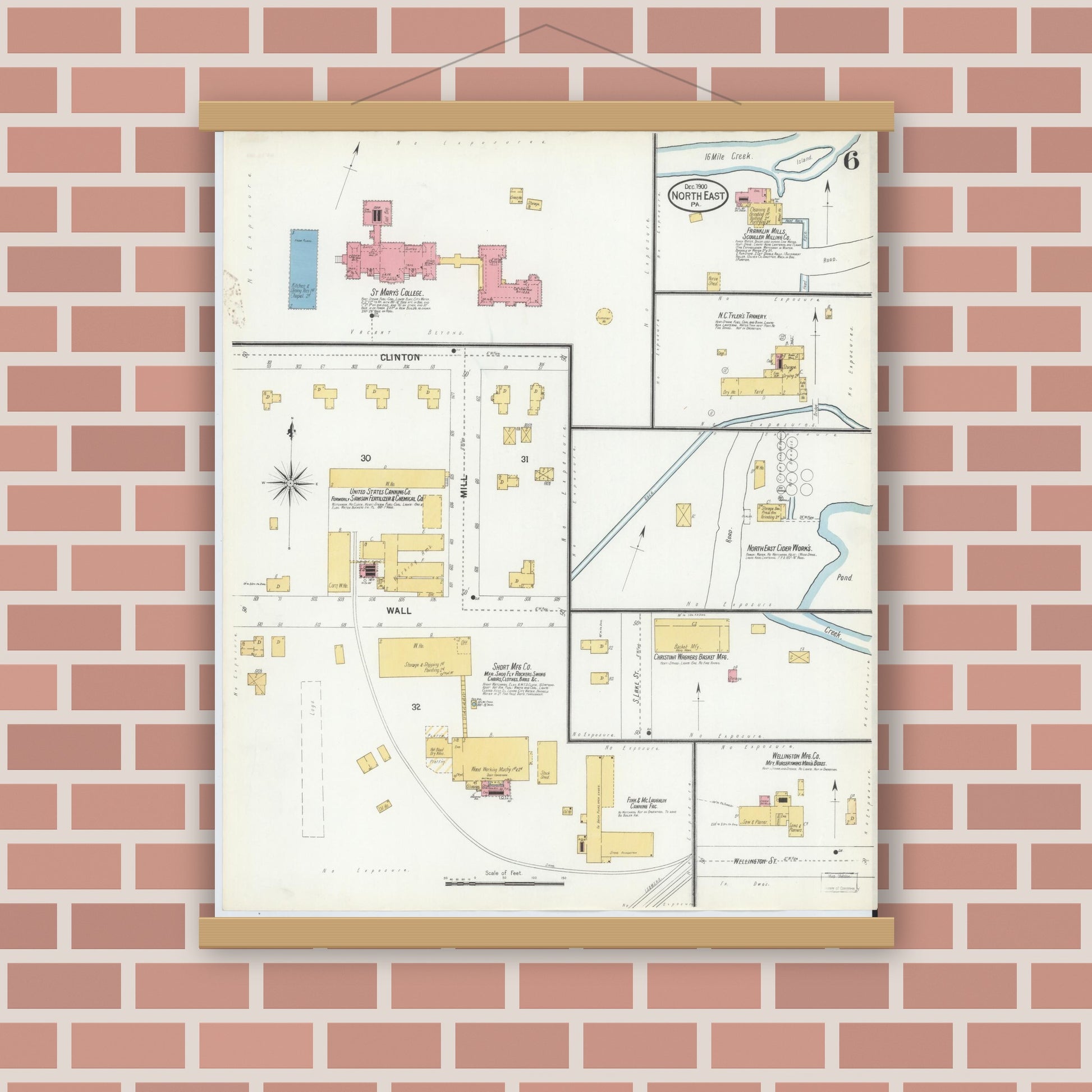 Old map wall art mockup — magnetic wood frame on brick wall — Sanborn Fire Insurance Map from North East, Erie County, Pennsylvania (1900), Sheet #0006