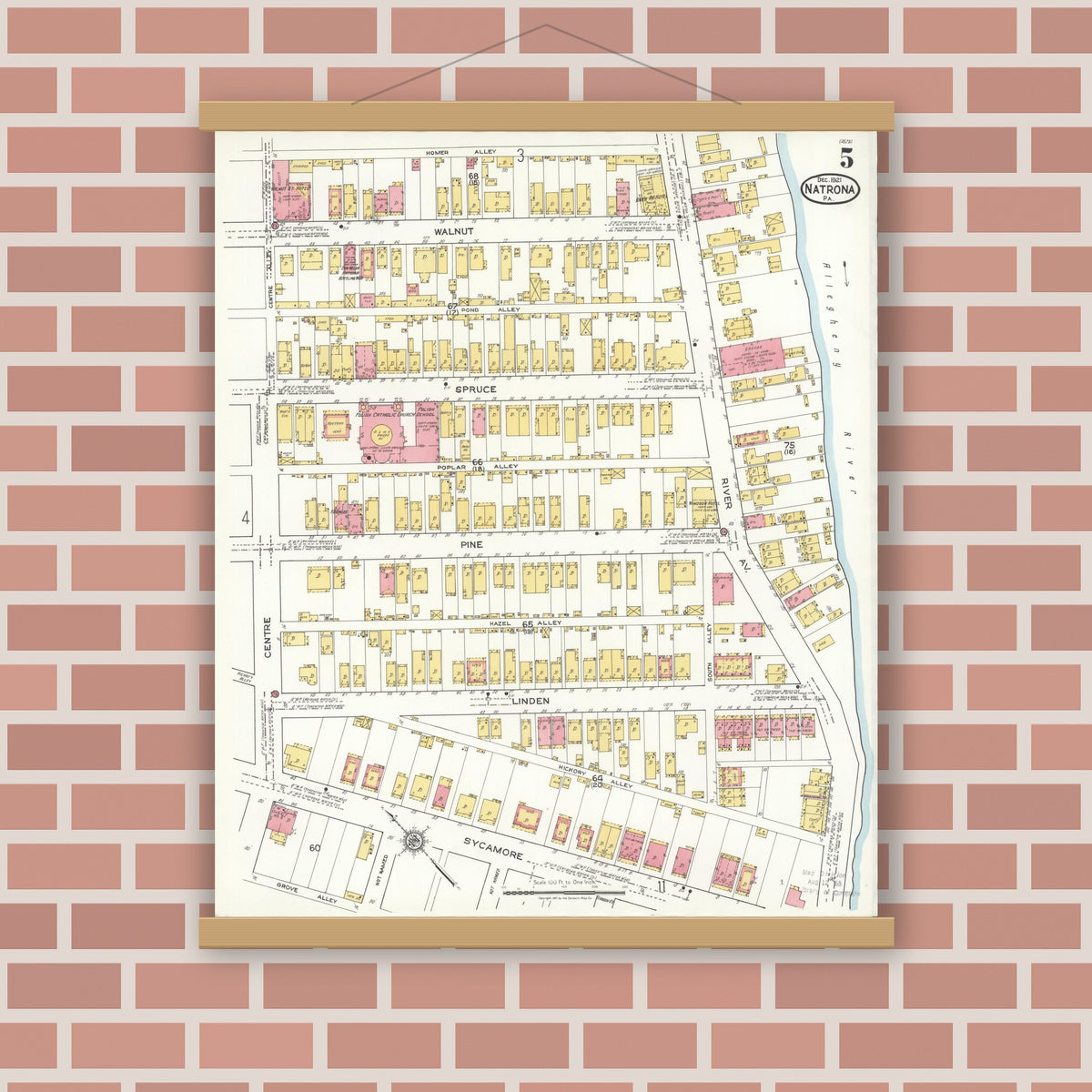 Old map wall art mockup — magnetic wood frame on brick wall — Sanborn Fire Insurance Map from Natrona, Allegheny County, Pennsylvania (1921), Sheet #0005