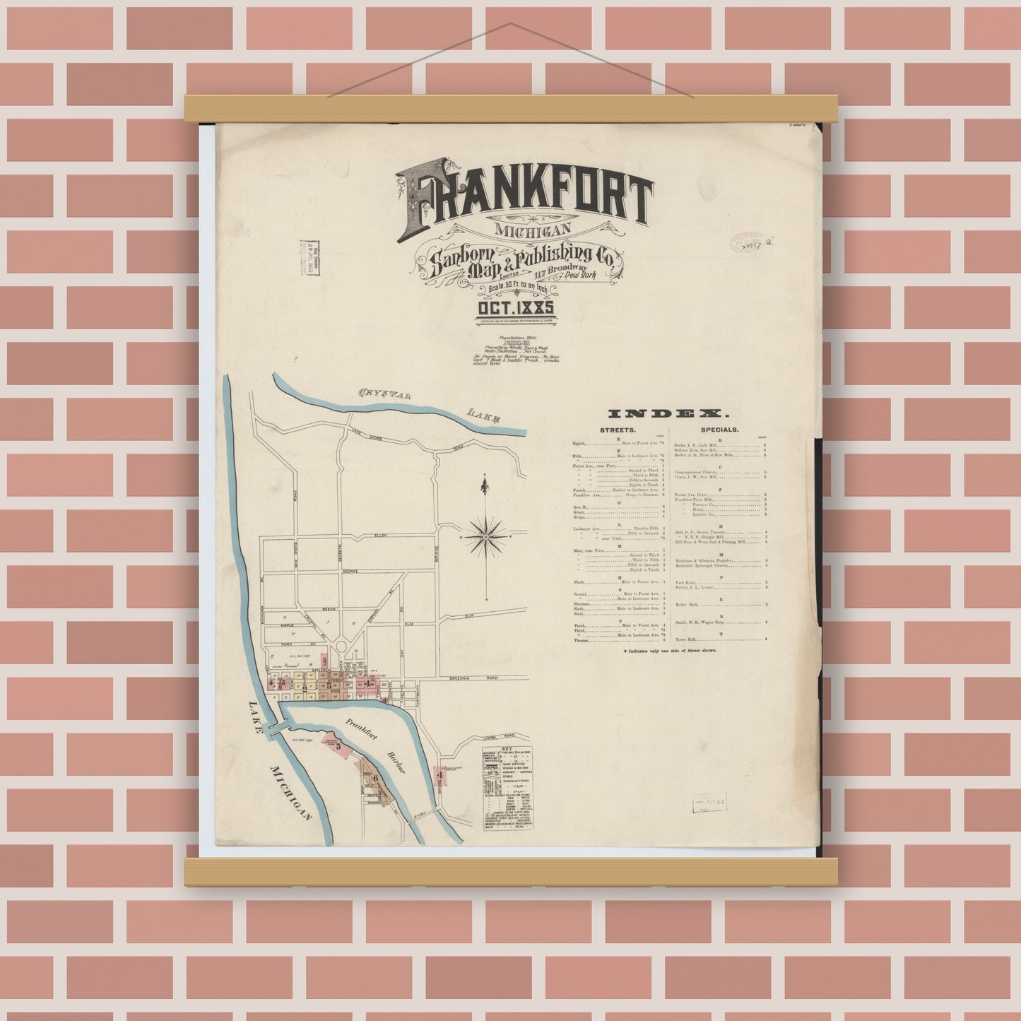 Old map wall art mockup — magnetic wood frame on brick wall — Sanborn Fire Insurance Map from Frankfort, Benzie County, Michigan (1885) - Complete Map Set