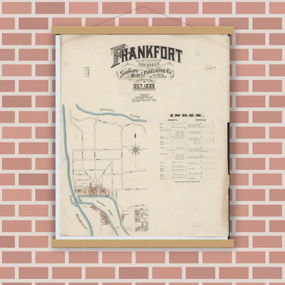 Old map wall art mockup — magnetic wood frame on brick wall — Sanborn Fire Insurance Map from Frankfort, Benzie County, Michigan (1885) - Complete Map Set