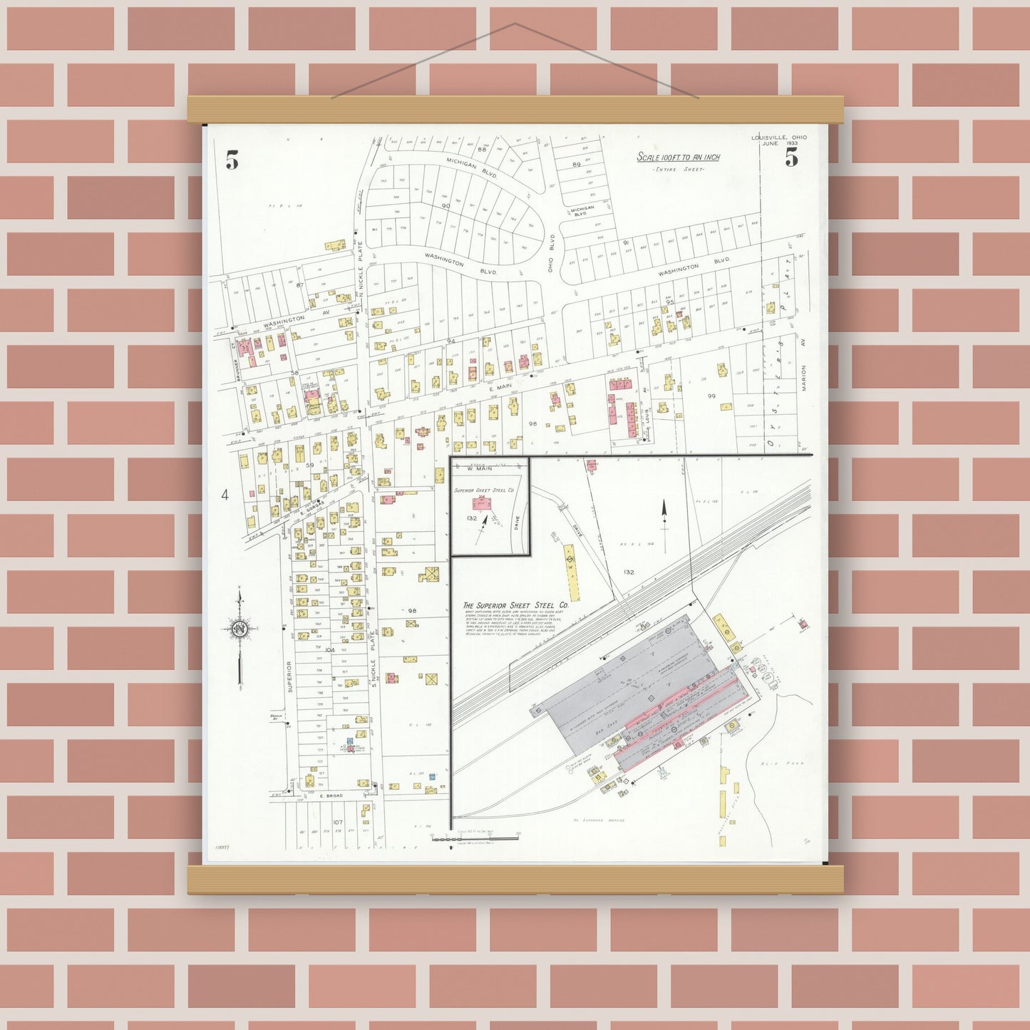 Old map wall art mockup — magnetic wood frame on brick wall — Sanborn Fire Insurance Map from Louisville, Stark County, Ohio (1933), Sheet #0005