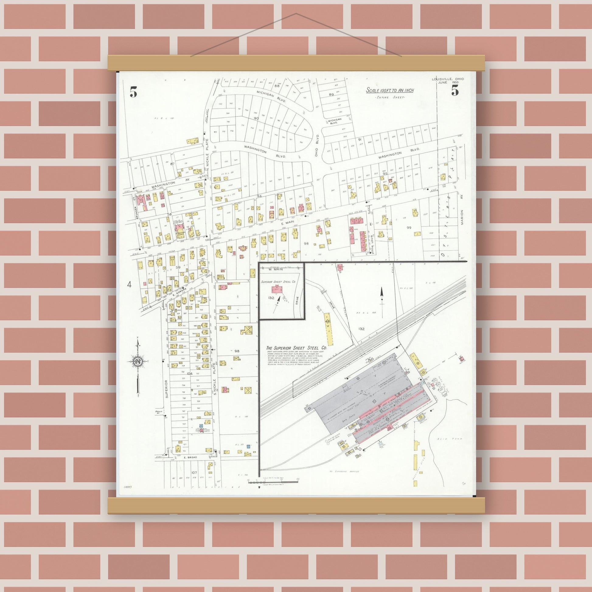 Old map wall art mockup — magnetic wood frame on brick wall — Sanborn Fire Insurance Map from Louisville, Stark County, Ohio (1933), Sheet #0005