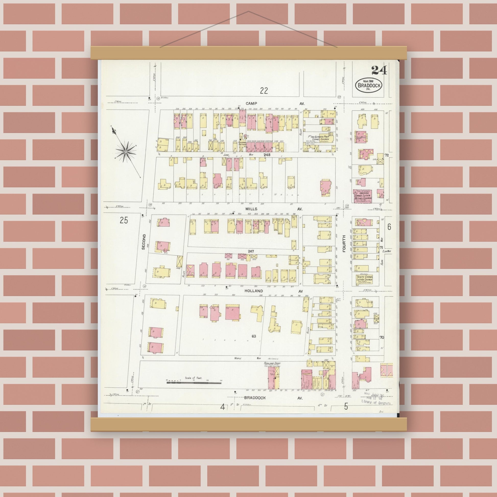 Old map wall art mockup — magnetic wood frame on brick wall — Sanborn Fire Insurance Map from Braddock, Allegheny County, Pennsylvania (1908), Sheet #0024