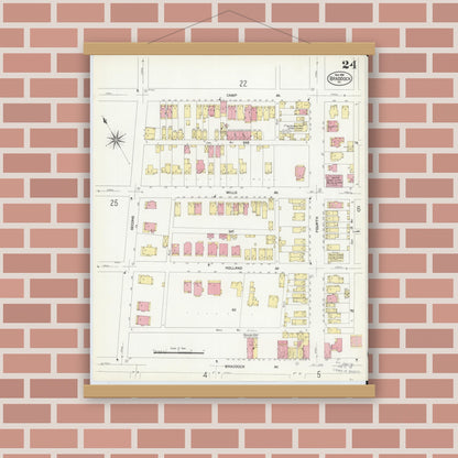 Old map wall art mockup — magnetic wood frame on brick wall — Sanborn Fire Insurance Map from Braddock, Allegheny County, Pennsylvania (1908), Sheet #0024