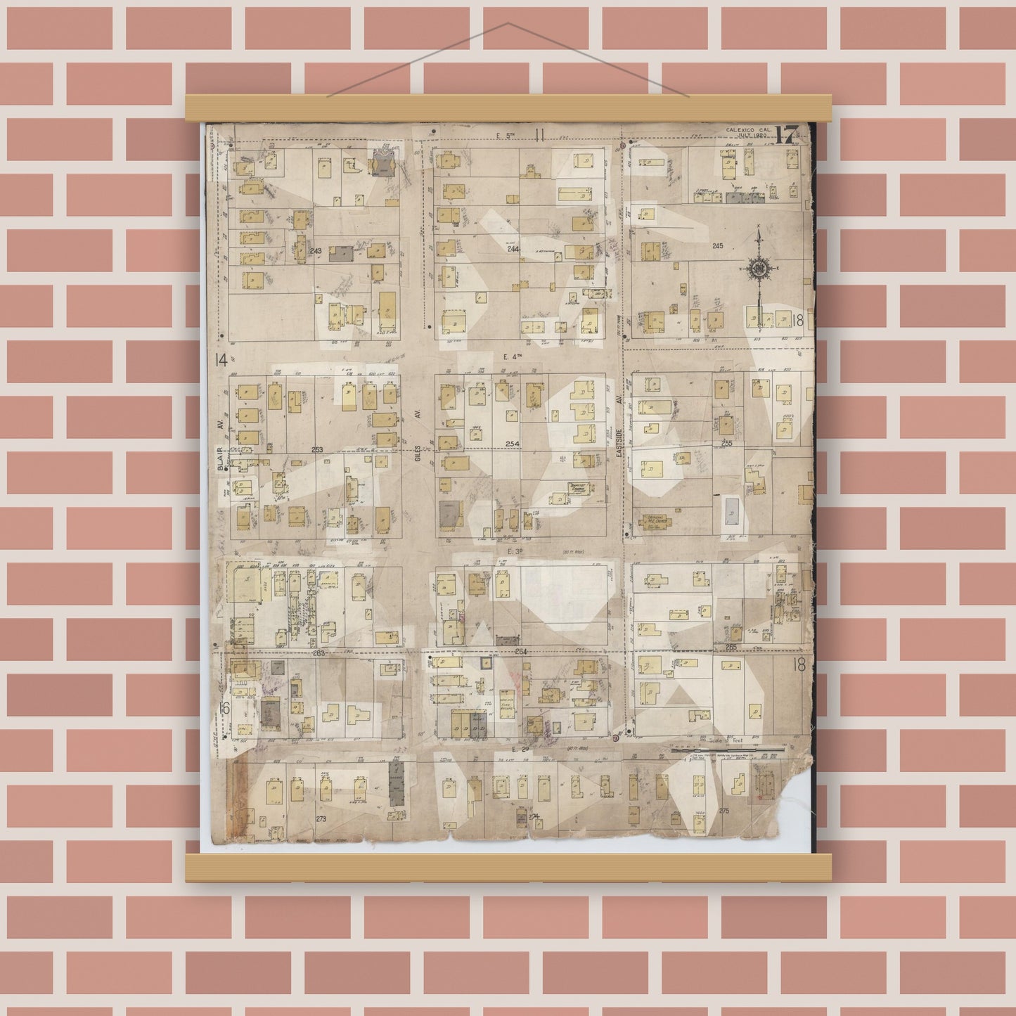 Old map wall art mockup — magnetic wood frame on brick wall — Sanborn Fire Insurance Map from Calexico, Imperial County, California (1956), Sheet #0017