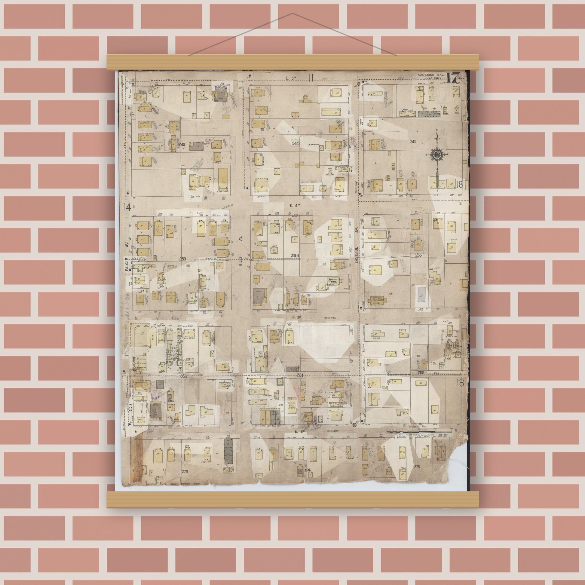 Old map wall art mockup — magnetic wood frame on brick wall — Sanborn Fire Insurance Map from Calexico, Imperial County, California (1956), Sheet #0017