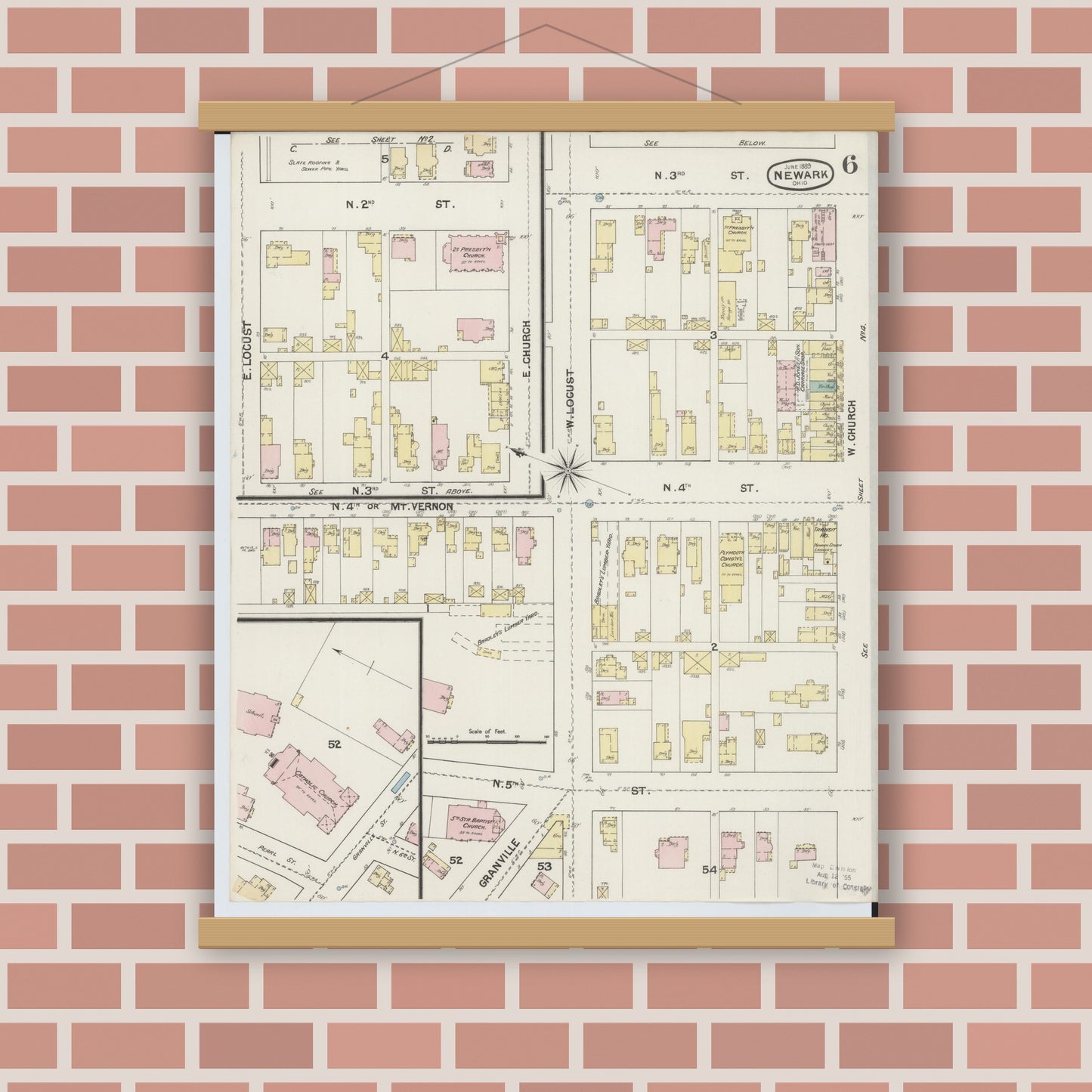 Old map wall art mockup — magnetic wood frame on brick wall — Sanborn Fire Insurance Map from Newark, Licking County, Ohio (1889), Sheet #0006
